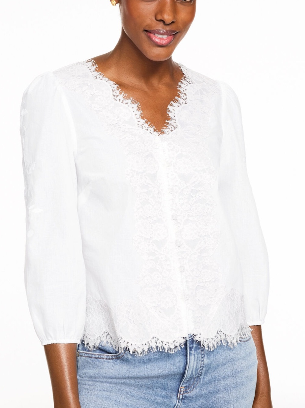 Pink Lily White Lace-Trim V-Neck Blouse